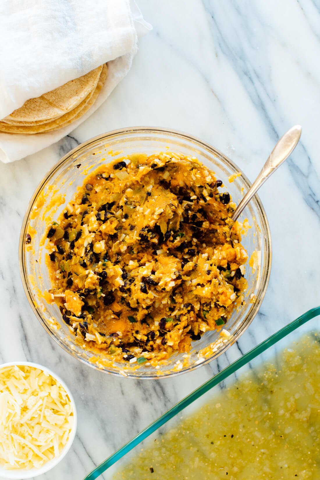 salsa verde sweet potato enchiladas assembly