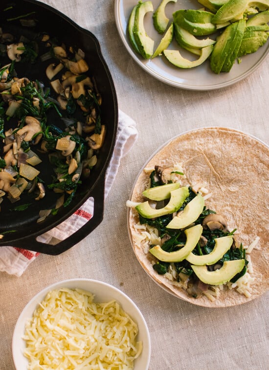 avocado, spinach, and mushroom quesadillas