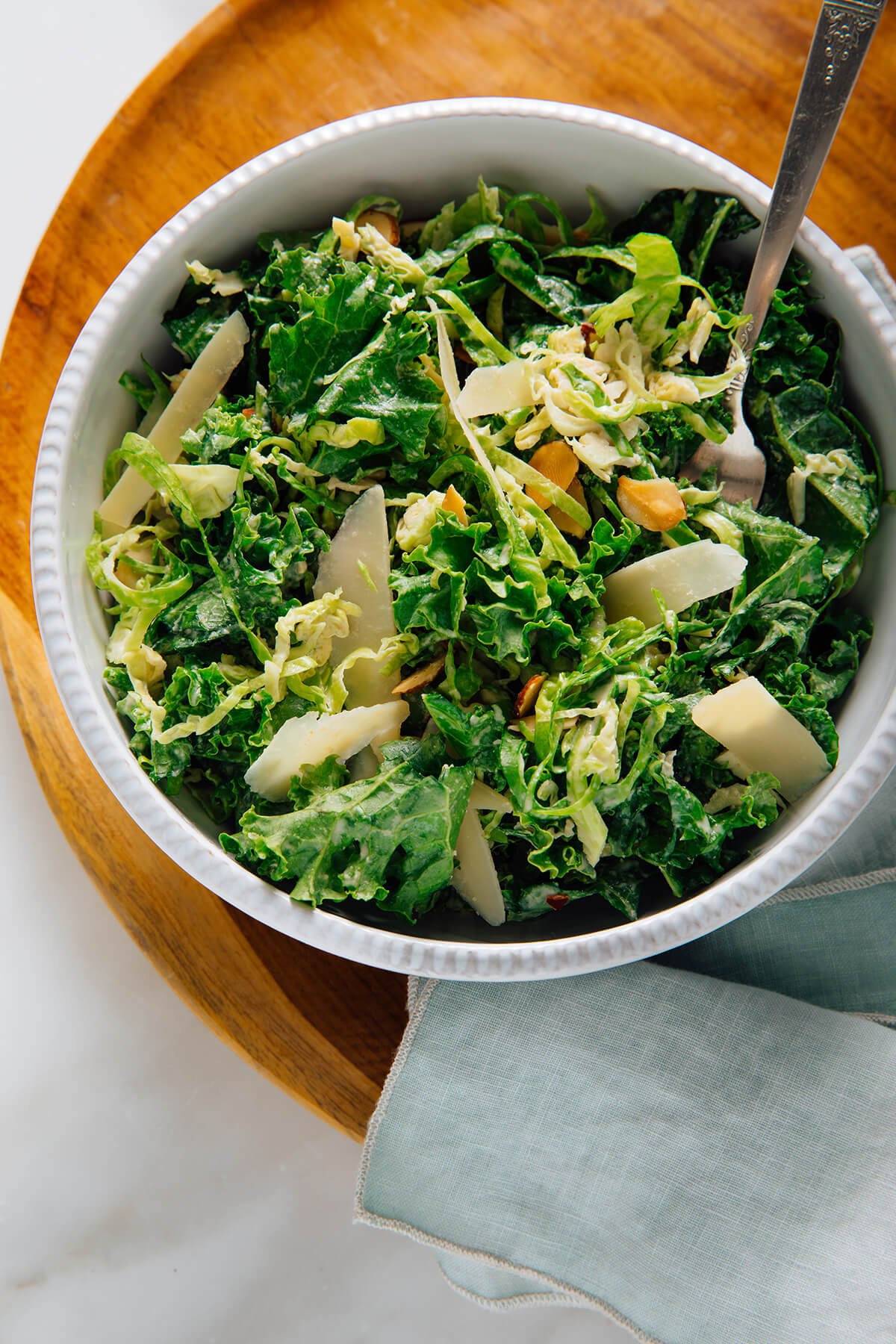 kale and brussels sprouts salad with tahini dressing