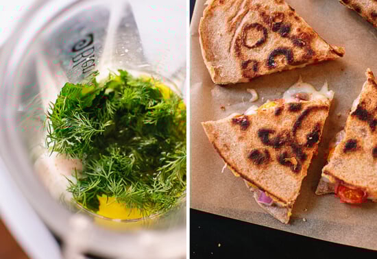 dill yogurt dip and cooked quesadillas