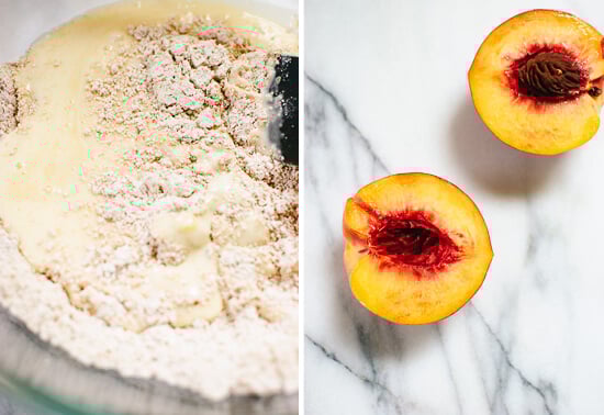 Pancake batter and peaches