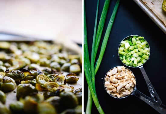 roasted brussels, green onions and peanuts