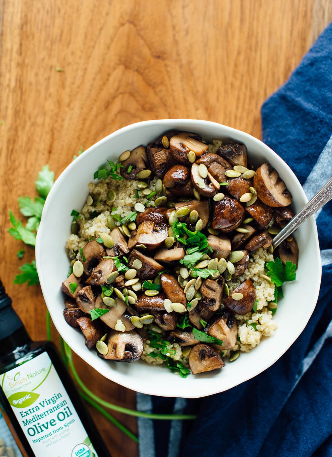 Here's a delicious side dishโroasted mushrooms on herbed quinoa! Vegetarian.