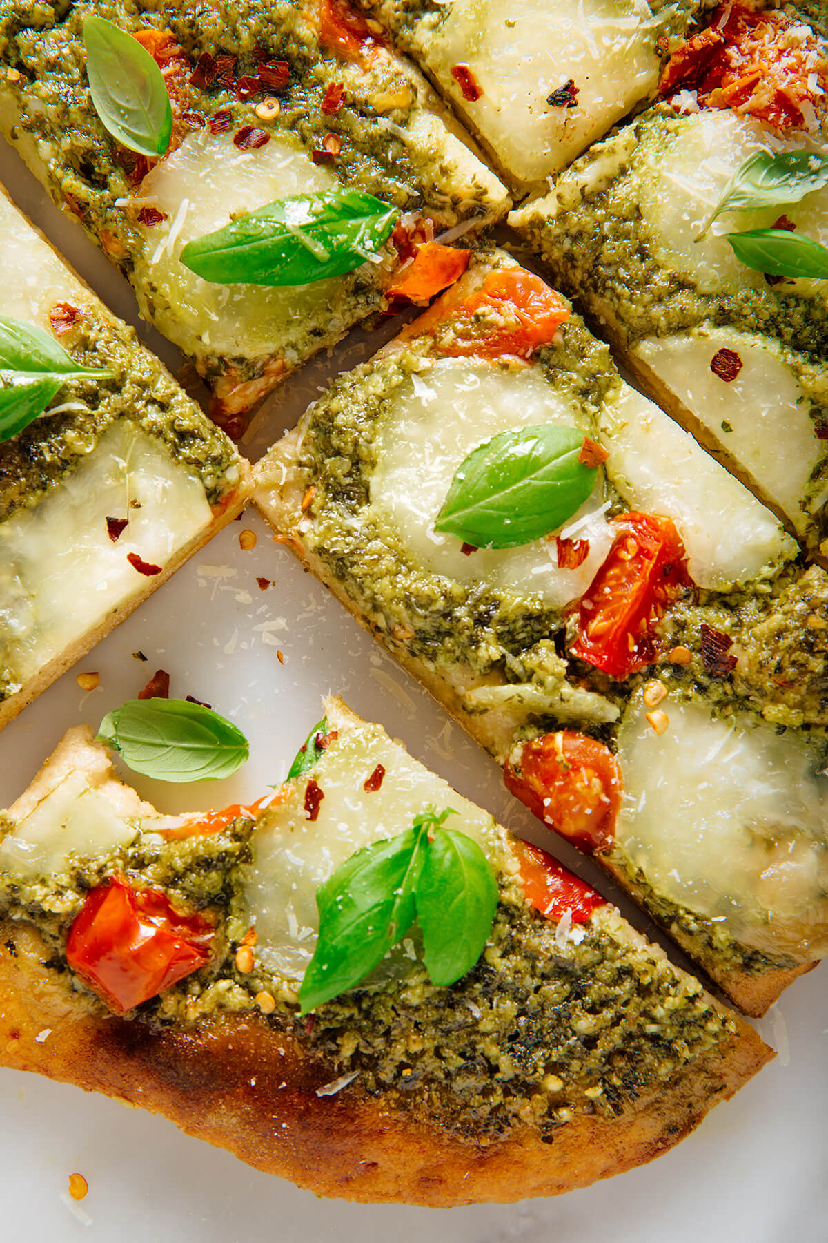 sliced pesto pizza