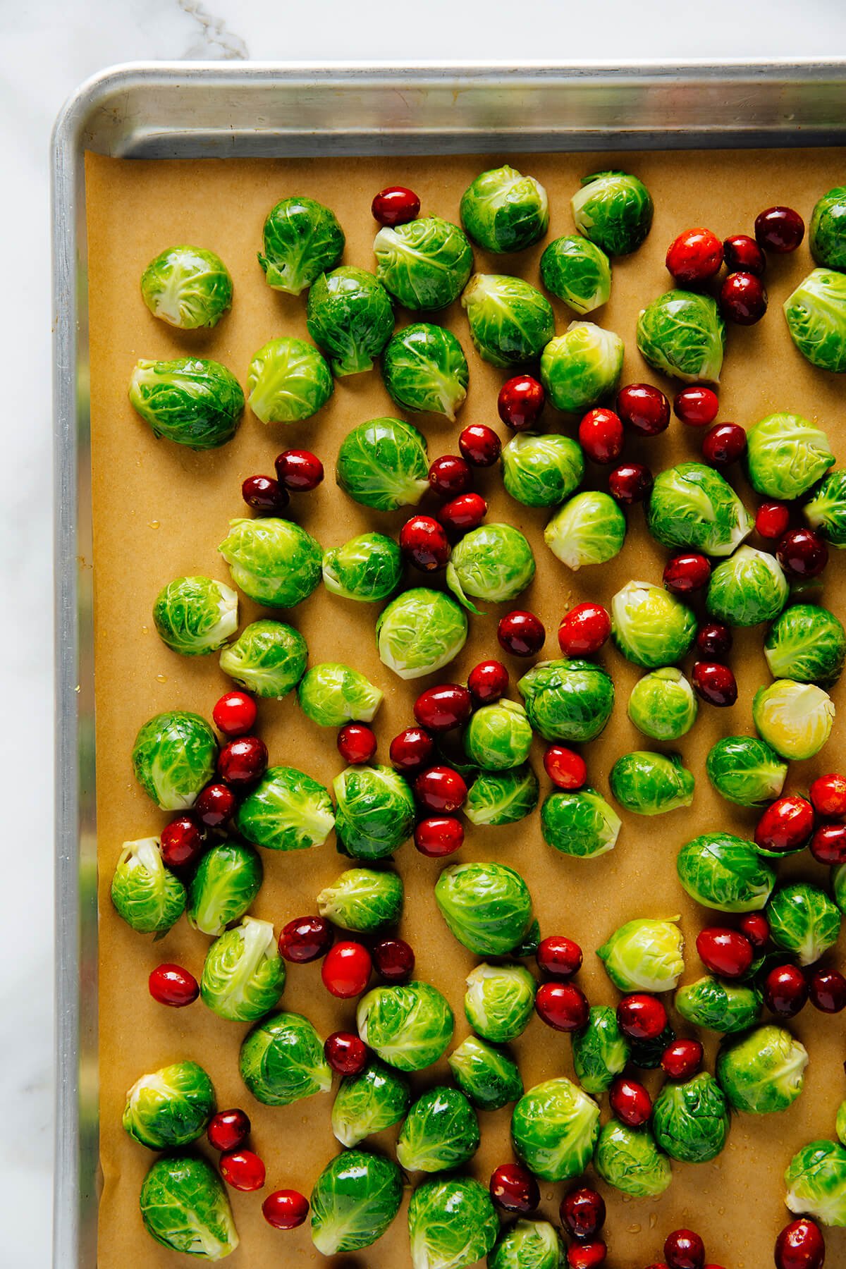 halved brussels sprouts and fresh cranberries